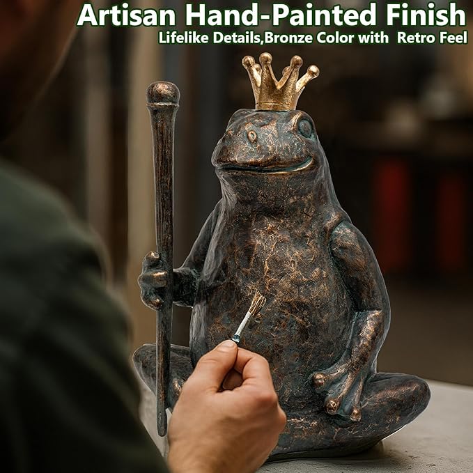 Frog Garden Statue, Yard Decorations Outdoor Decor, Weather-Resistant Animal Figurines & Sculptures, Seated Prince Frog with Scepter for Patio & Lawn, 11.5" H×9.8" L