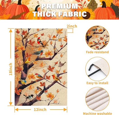 Fall Birds Garden Flag 12x18 Inch Double Sided Autumn Maple Tree Leaves for Welcome Seasonal Holiday Outside Yard Flag Outdoor Decoration