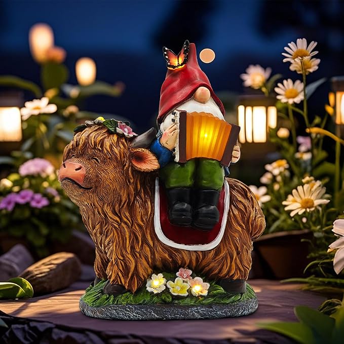Garden Gnomes Outdoor Statues: 8'' Solar Light Gnome Decor on Highland Cow Play The Accordion Unique Birthday Gifts for Women Mother Grandma