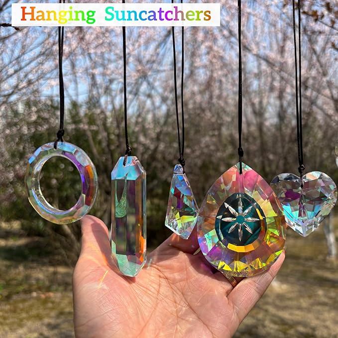 Crystal Sun Catcher with 6 Hanging Prisms | Rainbow Maker & Window Suncatcher for Home Decor, Garden Pendants | Includes Hanging Rope & 6