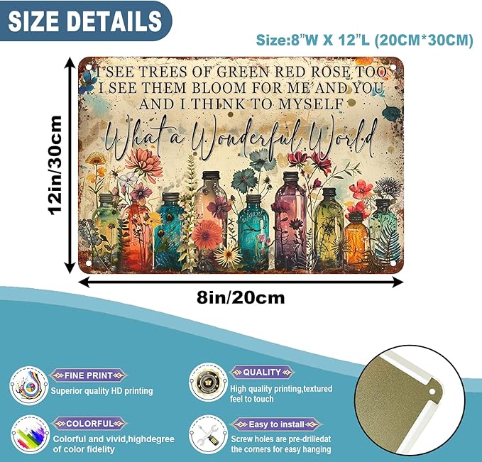 macago Dragonfly What A Wonderful World Flowers Funny Metal Tin Sign Wall Decor I See Trees of Green Red Rose Retro Tin Sign 8 x 12 Inch