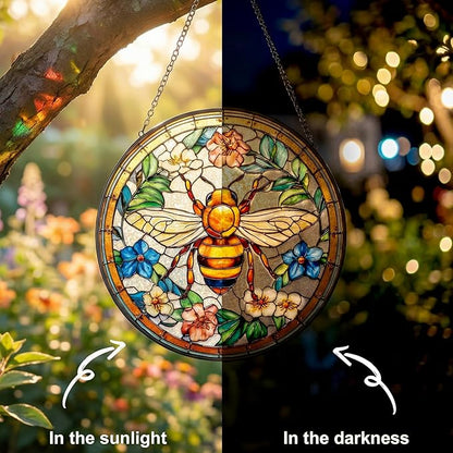 Stained Glass Window Hanging, Bee in Garden Flowers Sun Catcher, 7.87 InchHandmade Suncatcher for Window, Home Kitchen Decor, Gift for Gardeners, Bee Lovers, Birthday