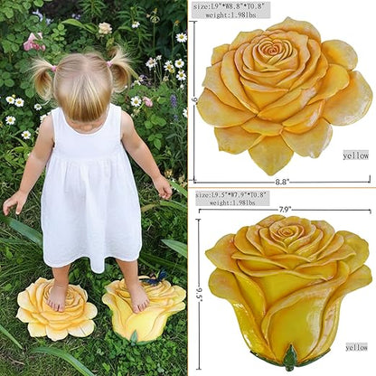 Garden Stepping Stones Outdoor Walkway – Resin Rose Flower Pavers for Path, Lawn & Backyard – Round Decorative Yard Art Decor, Friendship giveaways – Set of 2, Yellow