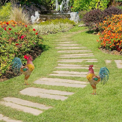 Rooster Garden Statue,12 in 2D Graphic Design Metal Rooster Decor Garden Statue with Stakes,Standing Small Metal Chicken Yard Decor Figurines,Patio Backyard Lawn Home Chicken Sculpture(Not 3D)