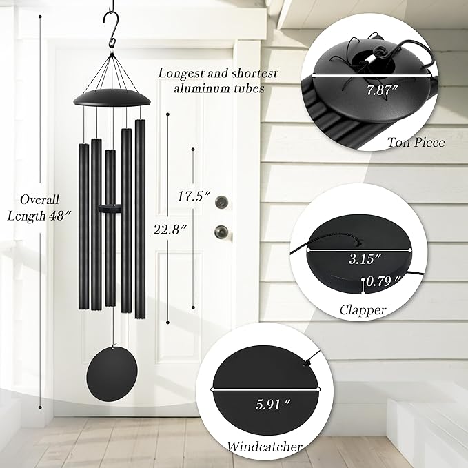48" Extra Large Wind Chimes with Outside Deep Tone, 5 Thick and Bold Aluminum Tubes, Coolest Metal Windchimes Outdoors with Pine Wood Striker, Unique Gift for Mom, Garden Decoration(Black)