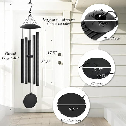 48" Extra Large Wind Chimes with Outside Deep Tone, 5 Thick and Bold Aluminum Tubes, Coolest Metal Windchimes Outdoors with Pine Wood Striker, Unique Gift for Mom, Garden Decoration(Black)