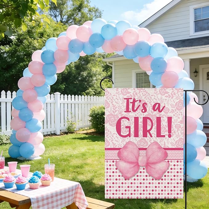 It's a Girl Pink Bow Baby Shower Decorative Garden Flag, Newborn Gender Reveal Small Yard Outside Decorations Gift for New Dad Mom, Coquette Baptism Party Outdoor Home Decor Double Sided 12x18