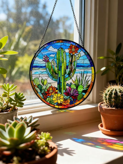 Stained Glass Window Hanging-Cactus Suncatcher Home Decor Ornament 7.9 in.Outdoor or Indoor, Garden,Living Room,Gifts for Women, Lovers, Couple, Friends