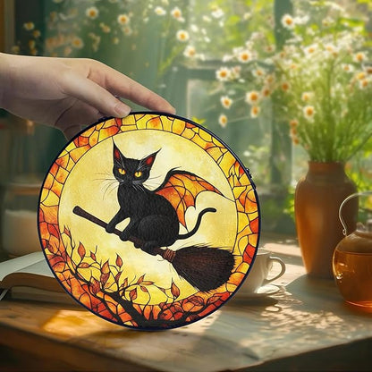 Black Cat Stained Glass Suncatcher, Halloween Cat Witch Window Hanging Decor, Pumpkin Spooky Suncatcher Decoration, Fall Season Home Outdoor Garden Decor Birthday Gifts for Women Witches Cats Lovers