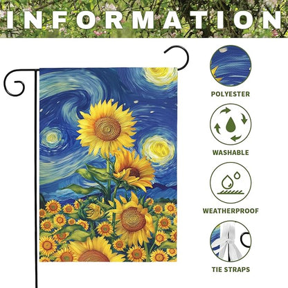 Sunflower Garden Flag Spring Summer Sunflowers Yard Flags Vibrant Van Gogh Starry Sky House Banners Double Sided Rustic Farmhouse Floral Banner for Porch Patio Landscape Decor 12 x 18 Inch