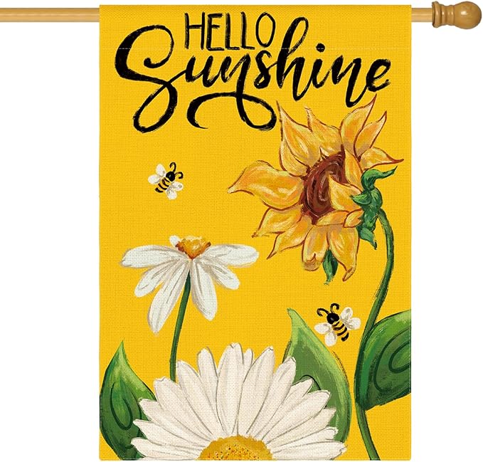AVOIN colorlife Daisy Sunflower Hello Sunshine House Flag 28x40 Inch Double Sided, Summer Seasonal Holiday Burlap Yard Outdoor Decoration Yellow