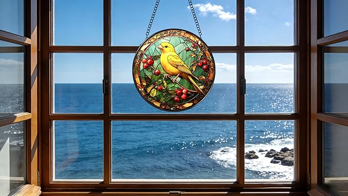 Funoasis Stained Glass Window Hanging 6.3 Inches Suncatcher - A Canary Inhabits Between Branches and Leaves with Red Fruits Ornaments Sun Catcher Home Decor Women Birthday
