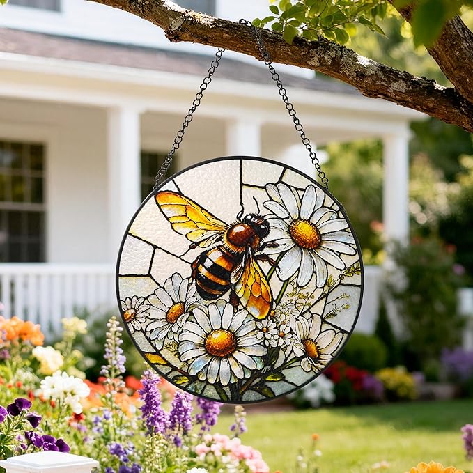 Stained Glass Window Hanging, Bee Circular Painted Glass Suncatcher with Chain & Suction Cup for Home Garden Door Decor, Birthday for Women Men Mom 7.8 in