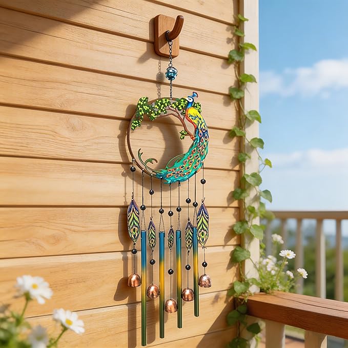 Peacock Dream Catchers Windchimes with Copper Bells 28" Peacock Wind Chimes for Zen Atmosphere Outdoor Garden Decor Unique Peacock Gift Home Decor