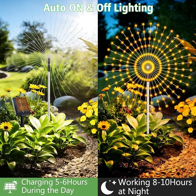 echosari Solar Garden Lights Outdoor, Total 6 Pack 720 LED Firework Lights with Auto On/Off 8 Modes IP65 Waterproof Landscape Light for Outdoor Yard Pathway Garden Decor (Warm White)