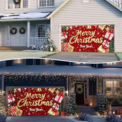 IVN Christmas Garage Door Cover Decoration 13x6ft Red Glitter Wrapped Gifts Golden Bells Snowflakes Merry Christmas Winter Garage Door Banner Home Door Front Yard Decor for Xmas Eve Holiday Outdoor