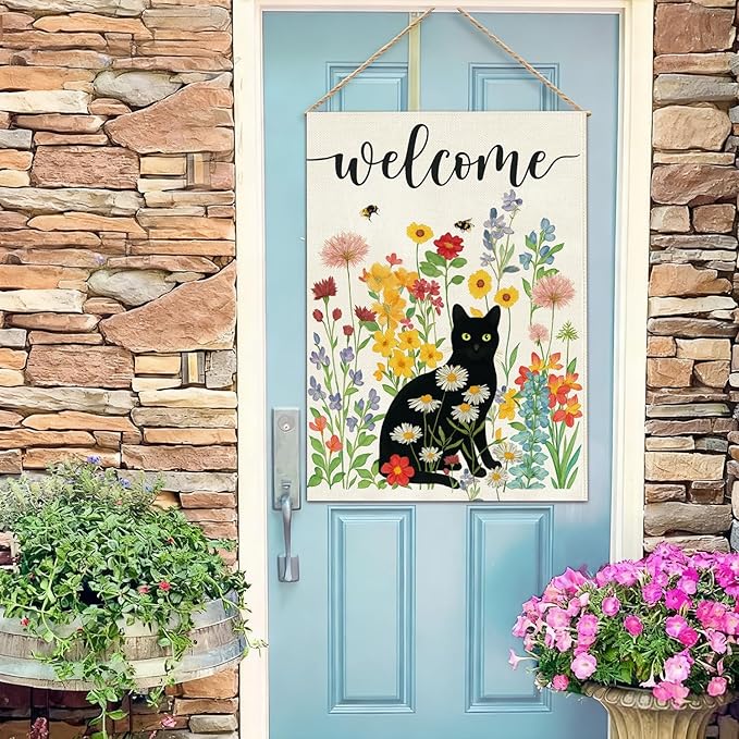 Baccessor Spring Summer Black Cat Garden Flag Double Sided 12.5 x 18 Inch Burlap with Clip and Stopper,Floral Flowers Welcome Flag Front Yard Lawn Seasonal Farmhouse Outside Outdoor Decoration