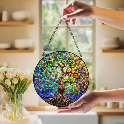 Tree of Life Stained Glass Window Hanging, Tree of Life Decor Suncatchers Sun Catchers Indoor Window Glass Wall Art Decorations, Nature Bird Flower Trees Wall Hanging Decor, 7.9x7.9in,Patio
