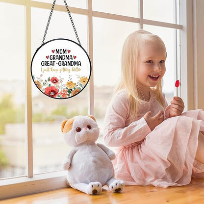 Mom Grandma Flower Suncatchers Stained Glass Window Hanging, Great Grandma Gifts Catchers Indoor Window Glass Round Wall Decor 7.9x7.9in