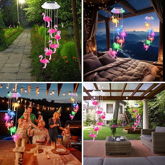 Solar Flamingo Flamingo Wind Chimes, Birthday Gifts for Mom Grandma Dad, IP65 Waterproof Memorial with 7 Color Changing LED Lights, Outdoor Decor Garden Yard Decorations