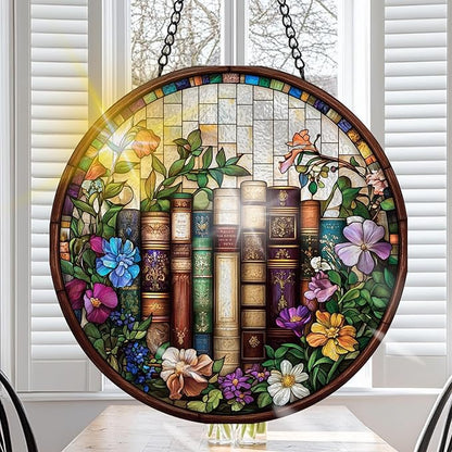 VAIIEYO Book Sun Catcher Stained Glass Window Hanging Ornament, Handmade Sun Catcher Flower Decoration with Hooks for Window Garden Home, Birthday Housewarming Gift 7.8 inch