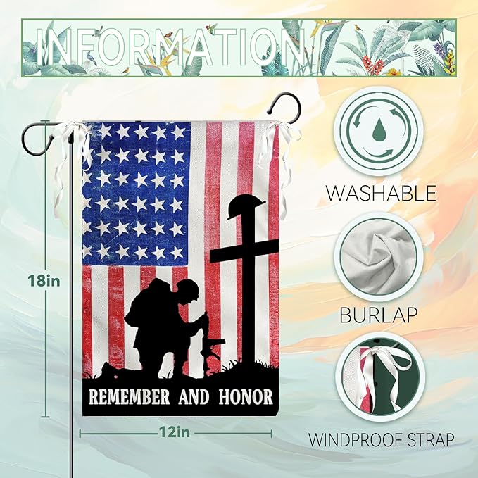 Memorial Day Garden Flags Veteran Soldier Patriotic Yard Flags American Flag Remember and Honor Cross Burlap Flag Independence Decorations for Outside 12 x 18 Double Sided