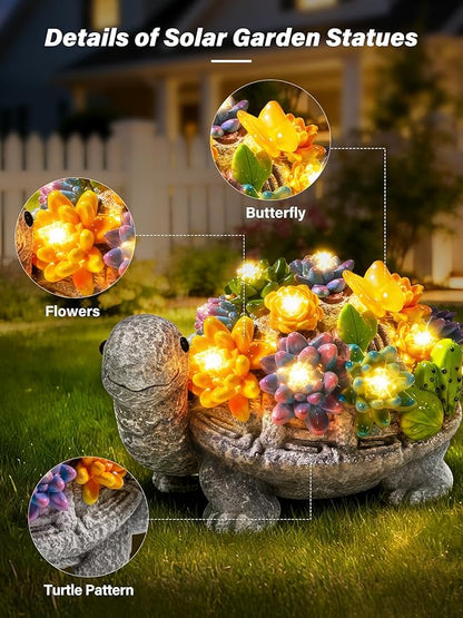 Guhope Solar Garden Statues, Outdoor Solar Turtle Decor with Succulent and 8 LED Lights, Outside Yard Figurine Decor for Garden, Lawn, Patio, Balcony, Porch, Unique Gifts for Mom Grandma