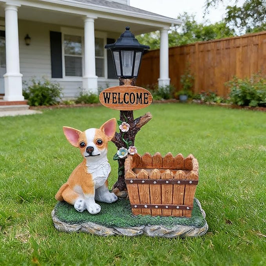 Solar Light Animal Outdoor Statue Planter with Welcome Sign, Resin Garden Sculpture Flower Pot for Patio Lawn Porch Yard Courtyard Decor, Weather-Resistant Decorative Figurine Accent (H)