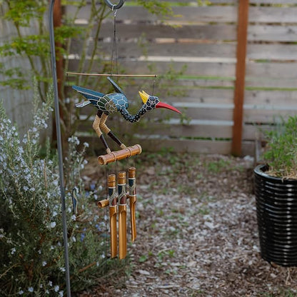 Cohasset Gift & Garden Abby Bobbing Head Bird Bamboo Wind Chime - Unique Outdoor Bird and Rooster Decor, Medium to Large Sized for Outside Spaces, Hand Painted Spotted Design - Rustic Wind Chimes with