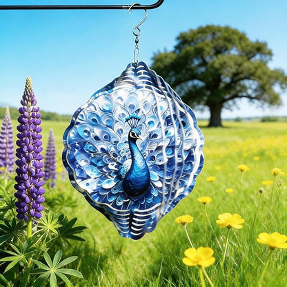 Wind Spinners Blue Peacock Feather Art 9.8 x 9.8 Inch Metal Wind Spinner Outdoor Garden Decor Elegant Bird Illustration Decorative Wind Spinners for Yard Patio