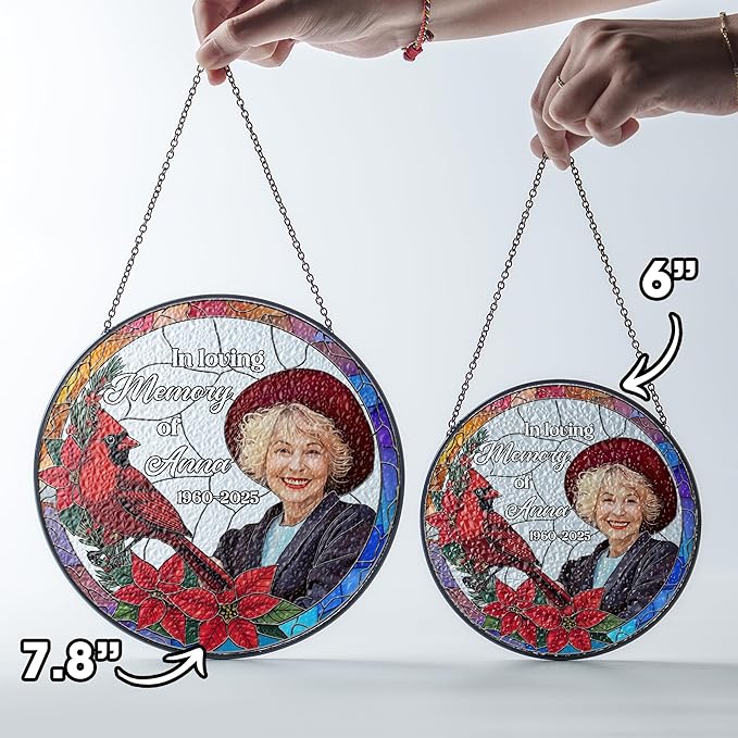 Personalized in Loving Memory Stained Glass Suncatcher, Custom Photo Window Hanging with Name & Date, Red Cardinal Suncatcher Remembrance for Loss of Loved One, Grandparent Memorial Gift