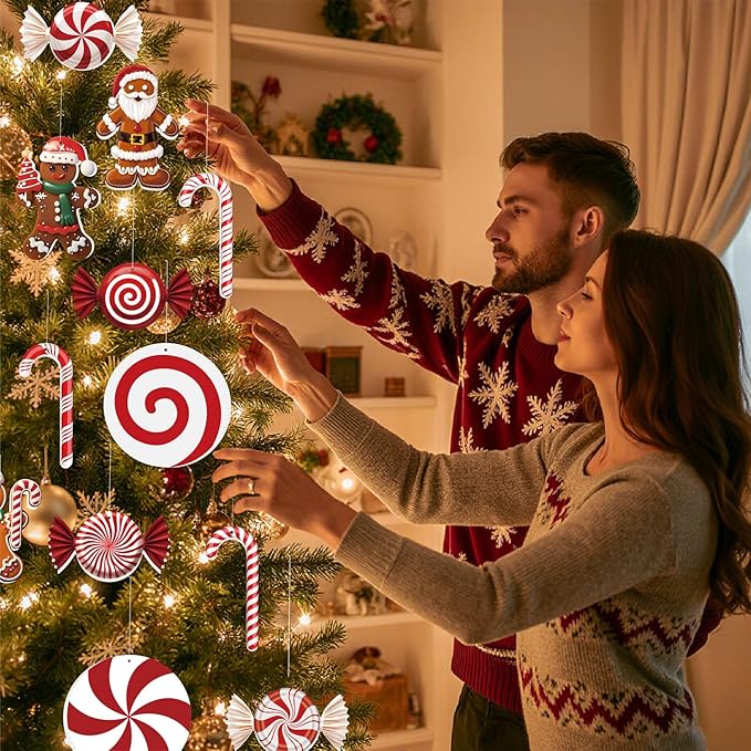 16ct Christmas Decorations Set Outdoor and Indoor Holiday Decor with Festive Candy Canes Gingerbread Ornaments 60 Meter Fishing Line and 28 Glass Fiber Stakes for Tree Yard