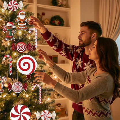 16ct Christmas Decorations Set Outdoor and Indoor Holiday Decor with Festive Candy Canes Gingerbread Ornaments 60 Meter Fishing Line and 28 Glass Fiber Stakes for Tree Yard