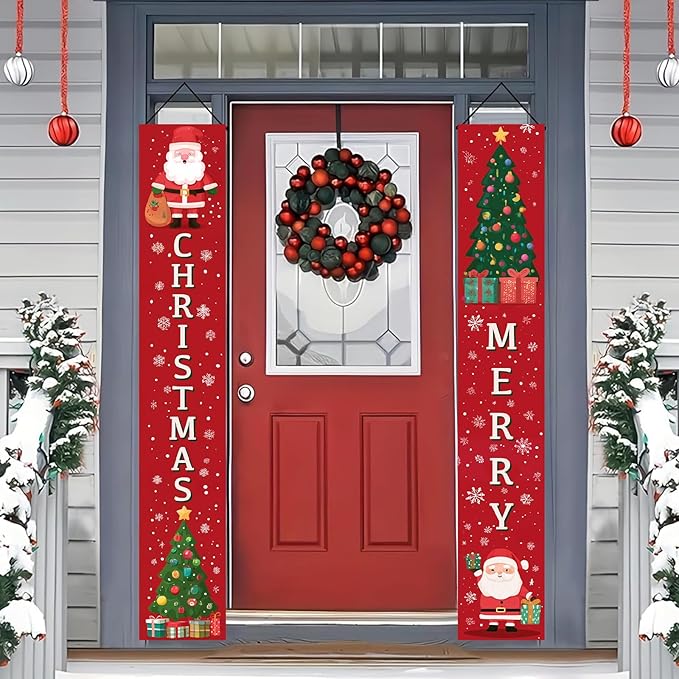 BlissYard Christmas Porch Banner 12x71 Cartoon Santa Tree Decorations Christma Door Banner Hanging Sign Merry Christmas Banner Front Xmas Door Cover Entryway Outdoor Decor Winter Welcome Home Yard Patio