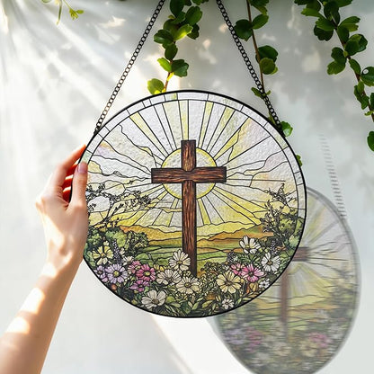 Stained Glass Window Hanging, 8 Inch Cross Wildflowers Suncatcher, Christian Sun Catchers Indoor Window, Floral Cross Religious Home Garden Decor Glass Panel, Easter Faith Christian Gifts for Women