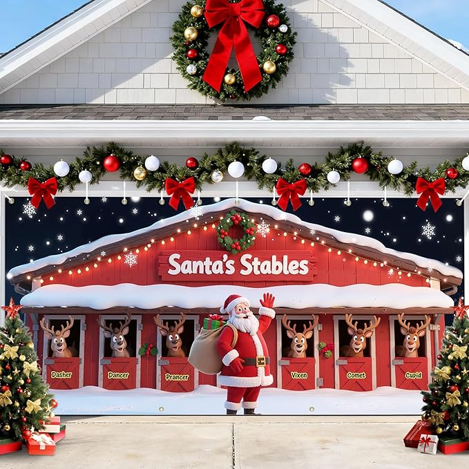 Christmas Decorations Garage Door Cover, 16 x 7 ft Santa's Stables Xmas Garage Door Banner Covering Mural Backdrop Background, Holiday Party Wall Decor Indoor Outdoor