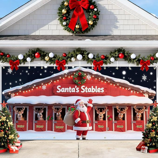 Christmas Decorations Garage Door Cover, 16 x 7 ft Santa's Stables Xmas Garage Door Banner Covering Mural Backdrop Background, Holiday Party Wall Decor Indoor Outdoor