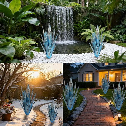 Tequila Rustic Sculpture DIY Metal Agave Plant Home Decor Rustic Hand Painted Metal Agave Garden Ornaments Outdoor Decor Figurines Home Yard Decorations Stakes Lawn Ornaments (Blue new 2PCS)