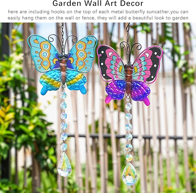 Set 2 Metal Butterfly Suncatchers for Windows - 14" Outdoor Fence Wall Art Decor, Rainbow Prisms Sun Catchers with Crystals Hanging for Home Garden Ornament for Christmas Tree