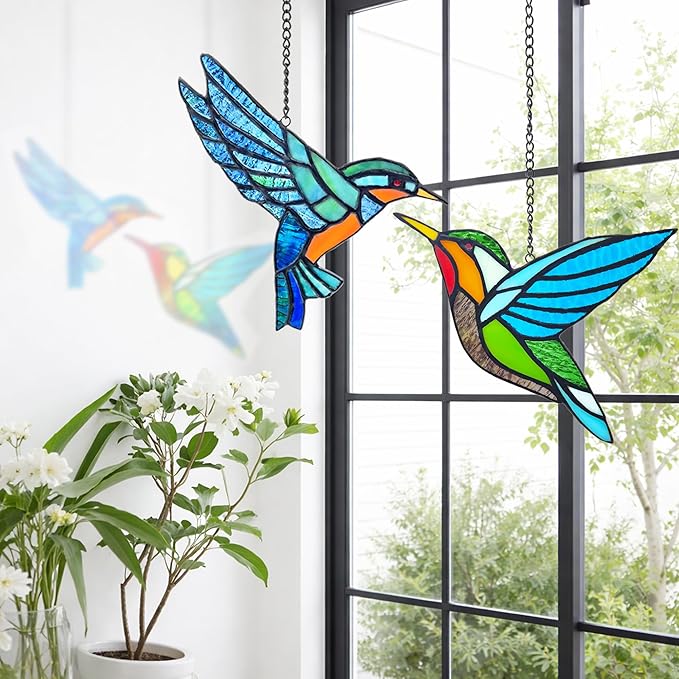 2 Packs Hummingbird Stained Glass Window,Real Handmade Stained Glass Window Hanging,Hummingbird Ornament,Suncatchers Decor for Women Mom Grandma Bird Lovers