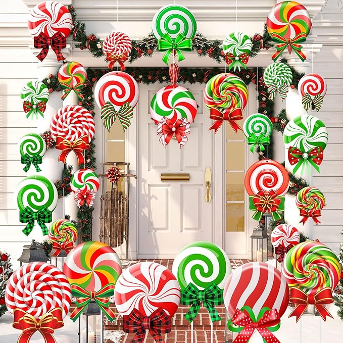Huwena 30 Pcs Christmas Outdoor Hanging Decorations Snowflakes Candy Yard Signs Include 6 Plastic Yard Stakes 24 Double Sided Ornaments for Christmas Winter Holiday Garden Tree Decor(Candy Cane)