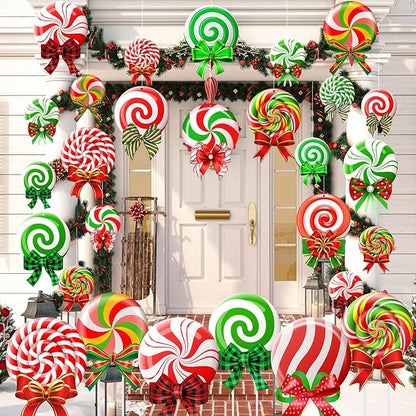 Huwena 30 Pcs Christmas Outdoor Hanging Decorations Snowflakes Candy Yard Signs Include 6 Plastic Yard Stakes 24 Double Sided Ornaments for Christmas Winter Holiday Garden Tree Decor(Candy Cane)