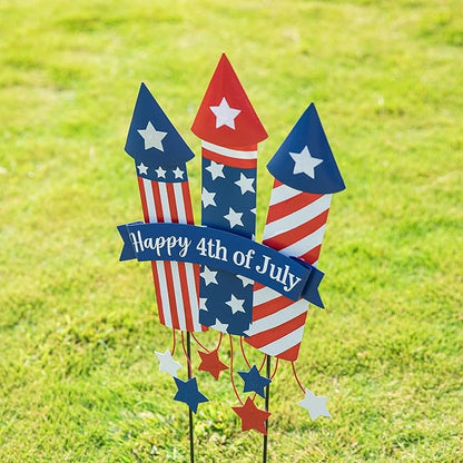 Glitzhome 30" H Patriotic Firecracker Yard Stake or Wall Décor,Happy 4th of July American Rocket Garden Sign for Independence Day Outdoor Lawn Patio Decor