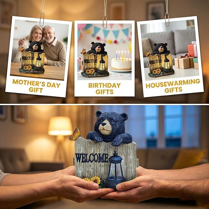 Garden Black Bear Welcome Sign with Solar Lantern, Decorative Outdoor Statue with Butterfly and Sunflowers, Lawn and Porch Decor