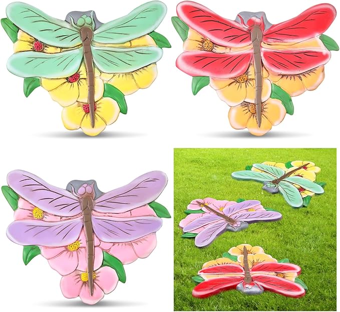 Yalikop 3 Pcs Dragonfly Stepping Stones Resin 7-10inch Decorative Stepping Stone Dragonfly Outdoor Garden Decorations for Garden Patio Walkway Sculpture Yard Art