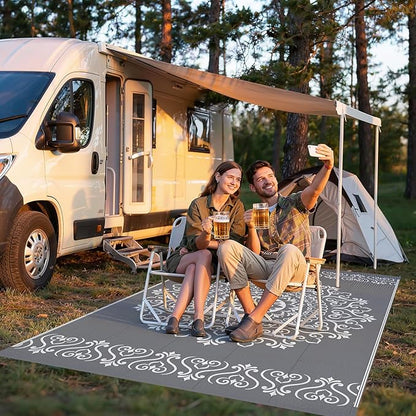Pauwer Waterproof Outdoor Rug 6x9, Reversible Plastic Straw Patio Camping Rug, Indoor Outdoor RV Mat Carpet for Deck, Camper, Porch, Balcony, Backyard, Picnic, Floral Grey