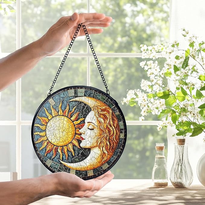 Sun and Moon Suncatchers Stained Glass Window Hanging, Celestial Suncatchers Indoor Window Glass Round Wall Decor, Sun Moon Decor Wall Hanging Decorations, 7.9x7.9in