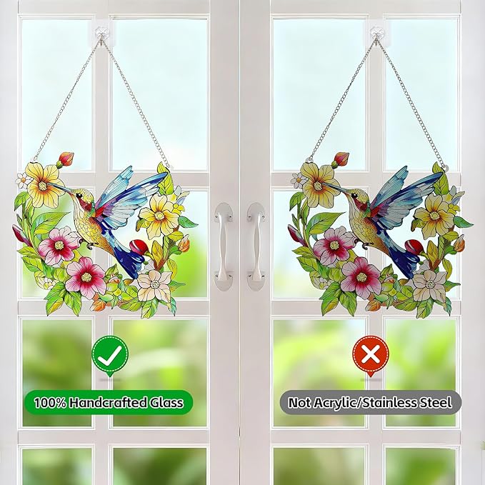 Stained Glass Window Hanging Hummingbird and Flower Suncatcher, Marzovitra 10 Inch Colorful Window Art Bird Sun Catcher for Home Decor, Garden, Patio Gift for Nature and Bird Lovers (Blue Hummingbird)