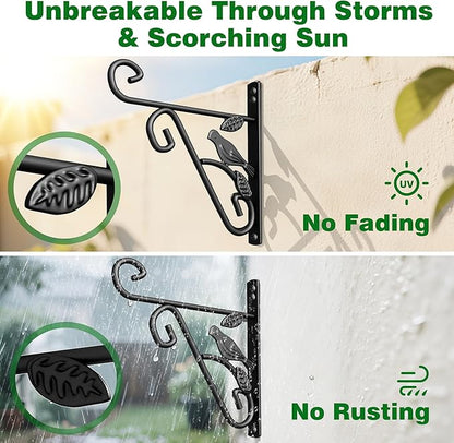 AMAGABELI GARDEN & HOME 4 Pack Hanging Plant Brackets Outdoor 10 inch Metal Fence Wall Plant Hanger Hooks for Hanging Flower Baskets Bird Feeders Lanterns Wind Chimes Rust-Resistant Black