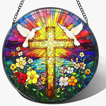 8'' Cross Stained Glass Ornament, Religious Suncatcher, Christian Window Hanging Decor, Easter Decor, Gifts for Christmas, Religious Gift, Christian Gift